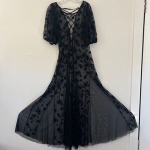 Free People Black Sheer Lace Maxi Dress Lace Up Tie Back Flowers Godets Size XL